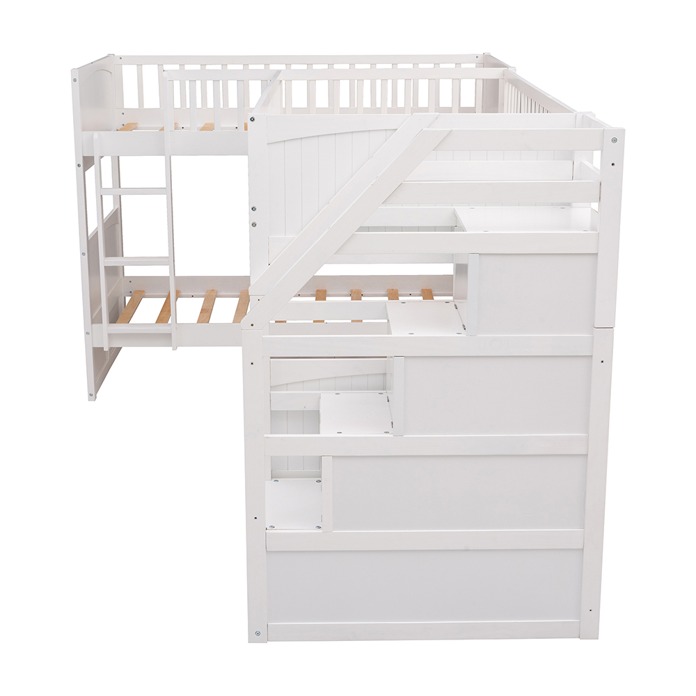 Twin-Over-Twin Size L-Shaped Bunk Bed Frame with Ladder, Storage Stairs, and Wooden Slats Support, for Kids, Teens, Boys, Girls (Frame Only) - White