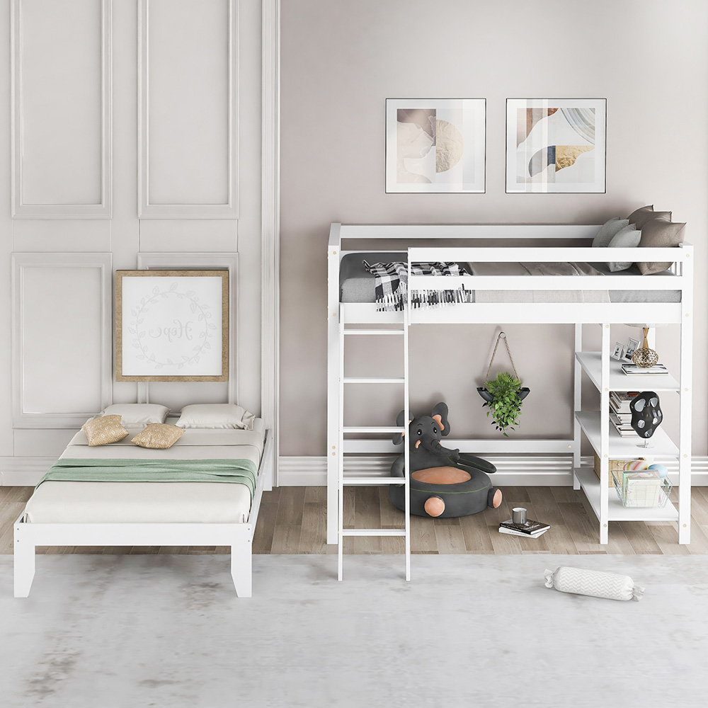 Twin-Over-Twin Size Loft Bed with Separate Platform Bed Frame, for Kids, Teens, Boys, Girls (Frame Only) - White