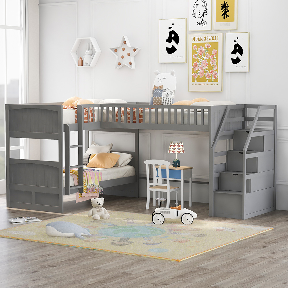 Twin-Over-Twin Size L-Shaped Bunk Bed Frame with Ladder, Storage Stairs, and Wooden Slats Support, for Kids, Teens, Boys, Girls (Frame Only) - Gray