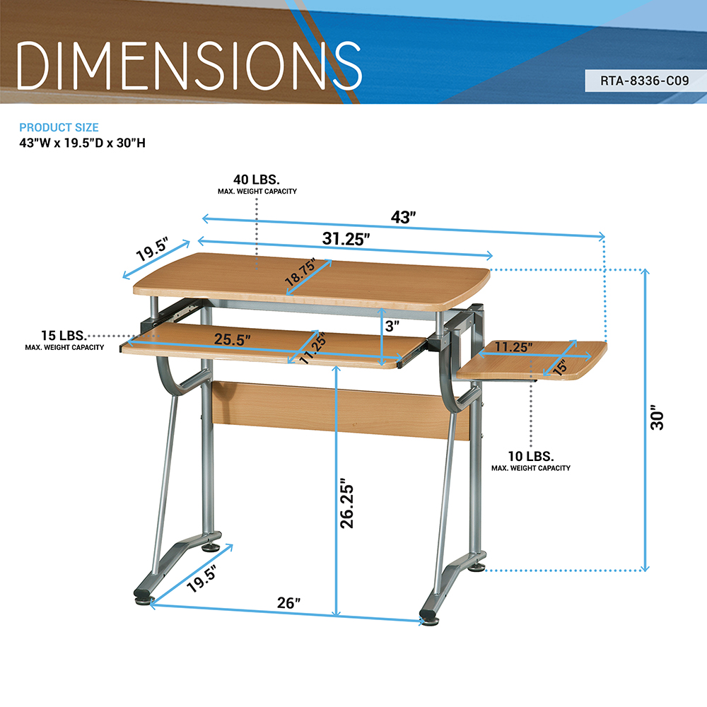 Techni Mobili 43" Computer Desk with Slide-out Keyboard Tray, Side Shelf, MDF Tabletop and Metal Frame, for Game Room, Small Space, Study Room - Cherry