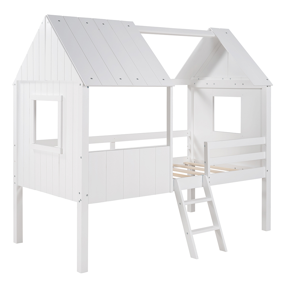 Twin-Size House-Shaped Loft Bed Frame with Two Side Windows and Wooden Slats Support, No Box Spring Required, for Kids, Teens, Boys, Girls (Frame Only) - Normal White + Normal White