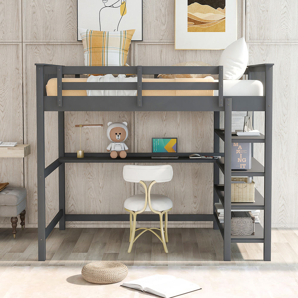 Full Size Wooden Loft Bed Frame with Storage Shelves and Desk, Space-saving Design, No Need for Spring Box - Gray