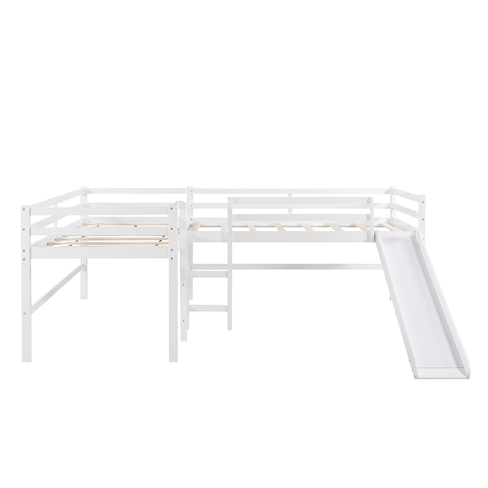 Twin-Size L-Shaped Loft Bed Frame with Built-in Ladders, Slide, and Wooden Slats Support, No Box Spring Required, for Kids, Teens, Boys, Girls (Frame Only) - White