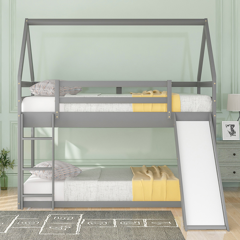 Twin-Over-Twin Size House-shaped  Bunk Bed Frame with Slide, Ladder, and Wooden Slats Support, for Kids, Teens, Boys, Girls (Frame Only) - Gray
