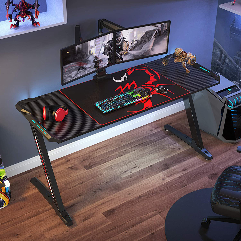 Home Office 60" Computer Desk with RGB LED Lights, Wooden Tabletop and Metal Frame, for Game Room, Small Space, Study Room - Black