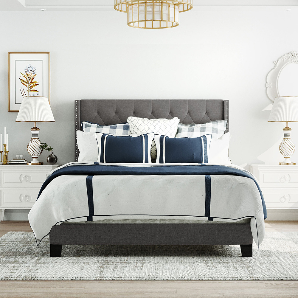 Queen Size Linen Fabric Upholstered Platform Bed Frame with Headboard and Wooden Slats Support, Box Spring Needed (Only Frame) - Gray