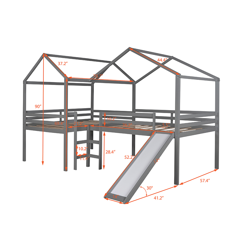 Full-Size House-Shaped Loft Bed Frame with Slide, Ladder, and Wooden Slats Support, No Box Spring Required, for Kids, Teens, Boys, Girls (Frame Only) - Gray