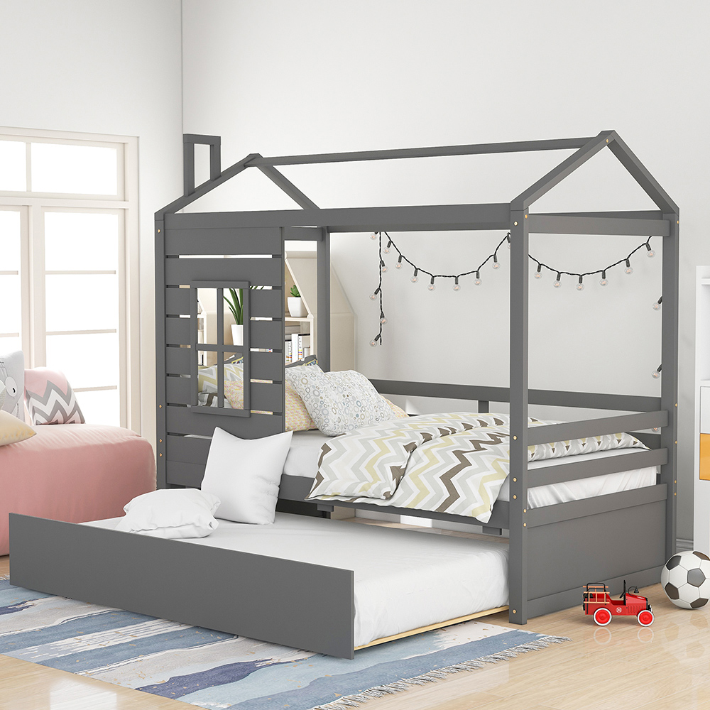 Twin Size House-shaped Platform Bed Frame with Twin Size Trundle and Wooden Slats Support, No Box Spring Needed (Only Frame) - Gray