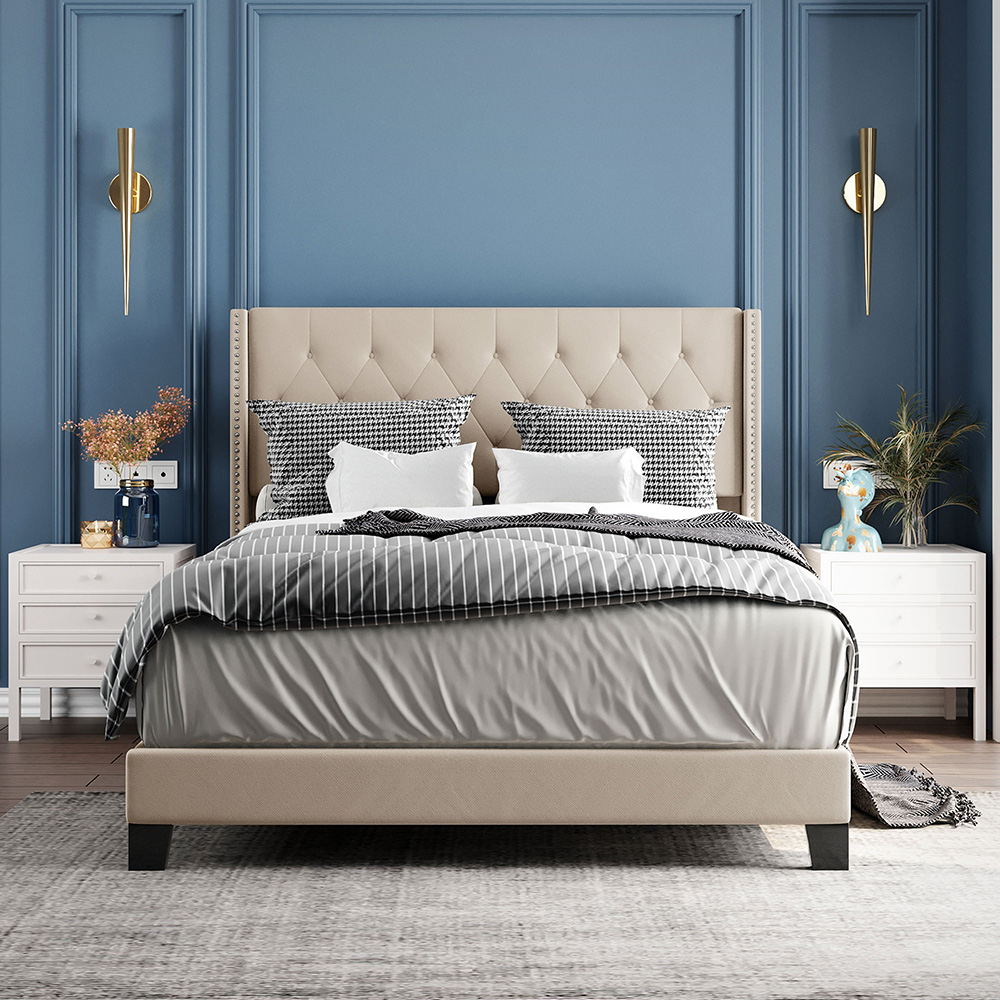 Queen Size Linen Fabric Upholstered Platform Bed Frame with Headboard and Wooden Slats Support, Box Spring Needed (Only Frame) - Beige