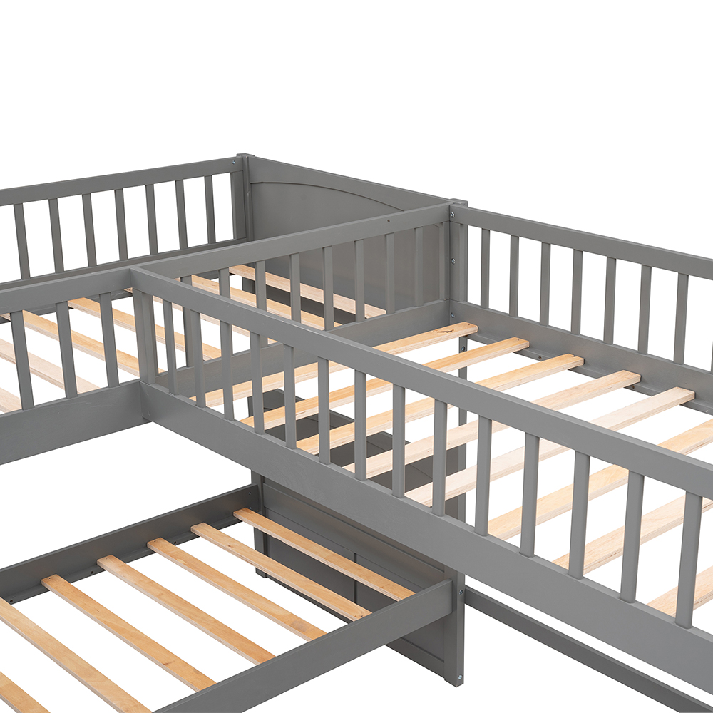 Twin-Over-Twin Size L-Shaped Bunk Bed Frame with Ladder, Storage Stairs, and Wooden Slats Support, for Kids, Teens, Boys, Girls (Frame Only) - Gray