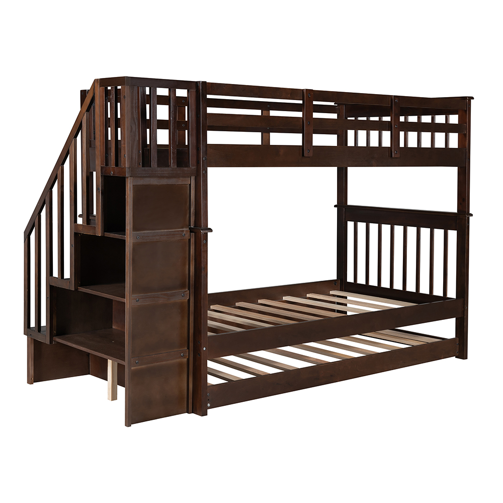 Twin-Over-Twin Size Bunk Bed Frame with Trundle, Storage Shelves, and Wooden Slats Support, for Kids, Teens, Boys, Girls (Frame Only) - Espresso