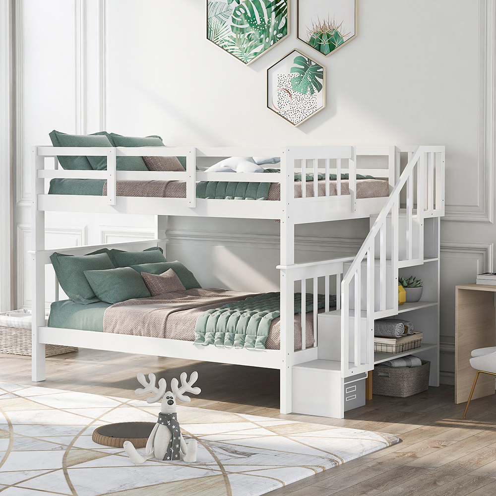 Full-Over-Full Size Bunk Bed Frame with Storage Stairs, Ladder, and Wooden Slats Support, for Kids, Teens, Boys, Girls (Frame Only) - White