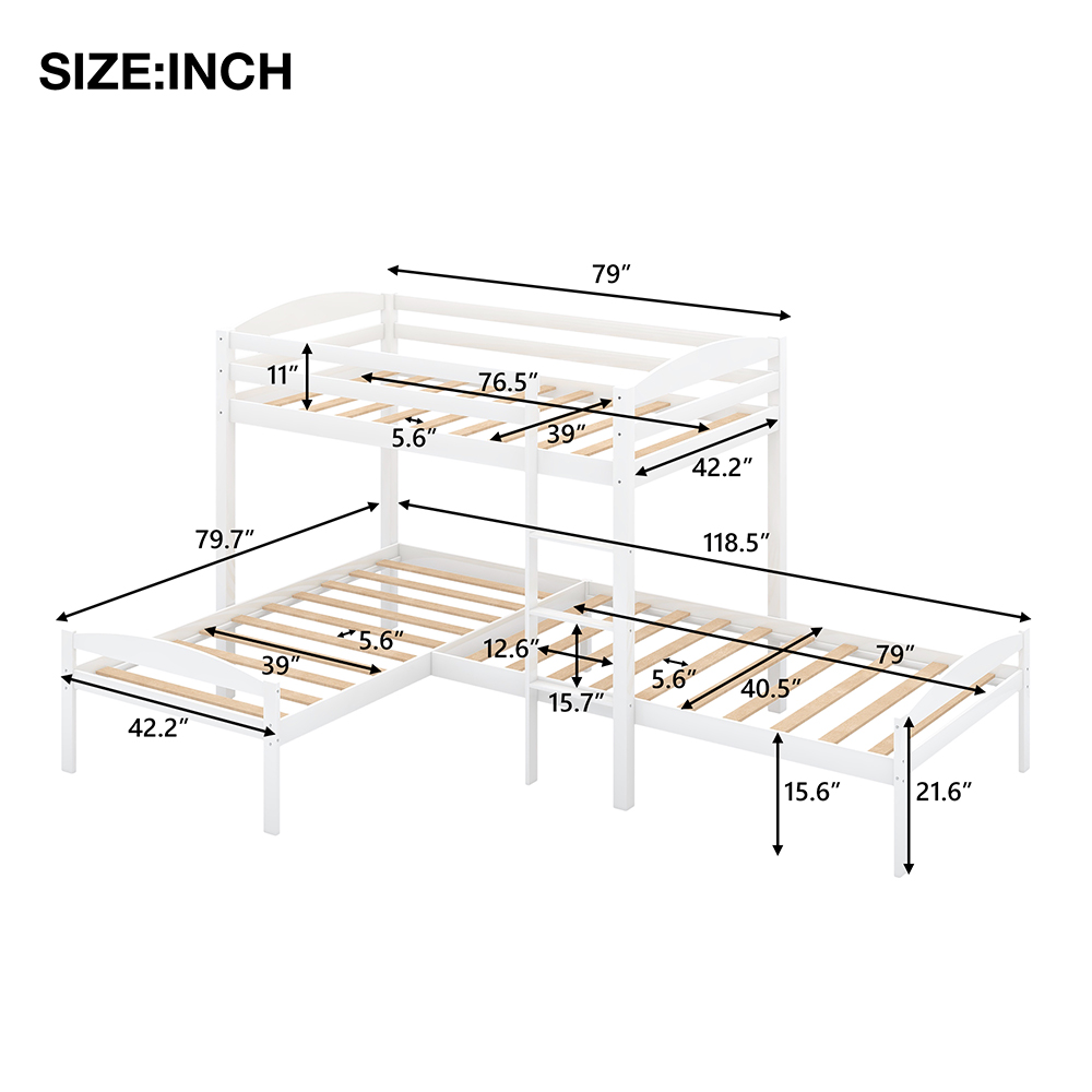 Twin-Over-Twin Size L-Shaped Bunk Bed Frame with Ladder, and Wooden Slats Support, No Spring Box Required (Frame Only) - White