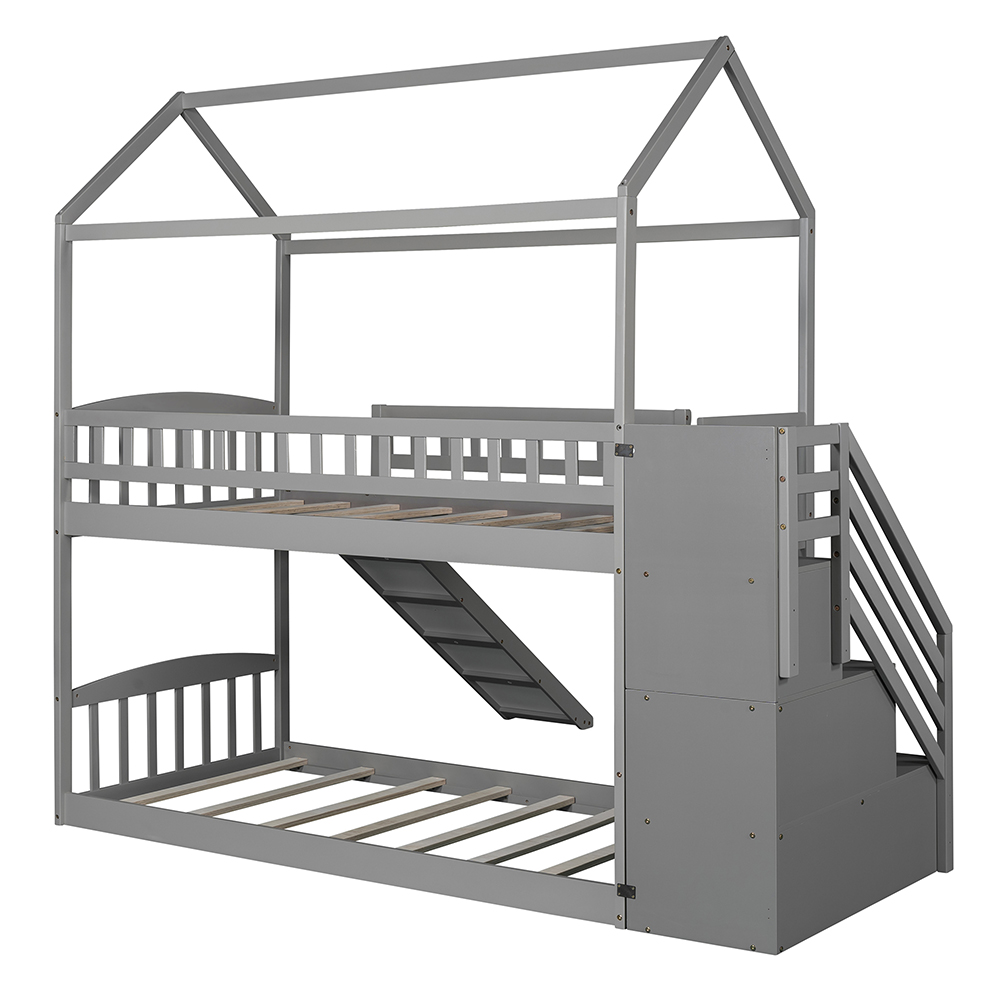 Twin-Over-Twin Size Bunk Bed Frame with Storage Stairs, Slide, and Wooden Slats Support, for Kids, Teens, Boys, Girls (Frame Only) - Gray