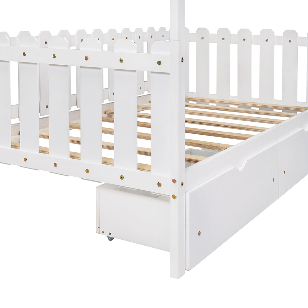 Twin Size House-Shaped Platform Bed Frame with 2 Storage Drawers, Fence-shaped Guardrail, and Wooden Slats Support, No Box Spring Needed (Only Frame) - White
