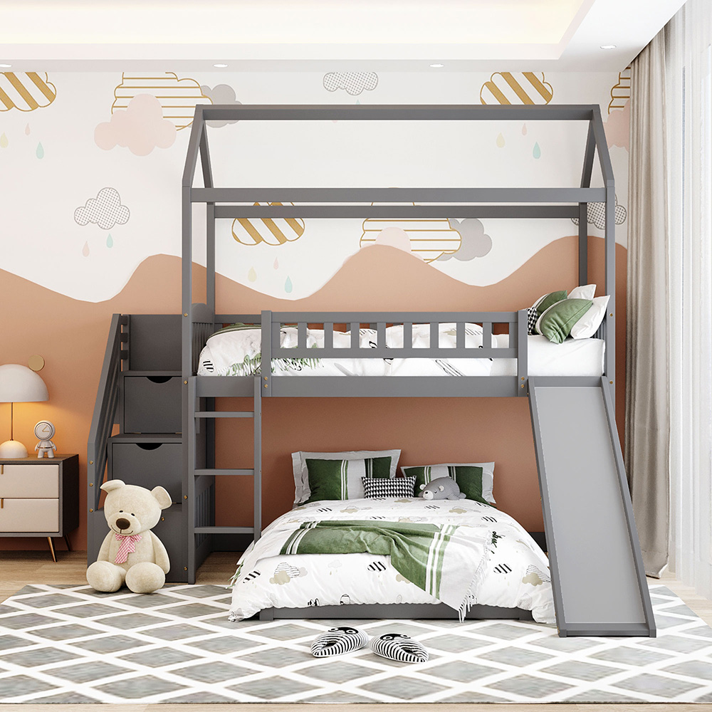 Twin-Over-Twin Size House-shaped Bunk Bed Frame with 2 Storage Drawers, Slide, Ladder, and Wooden Slats Support, for Kids, Teens, Boys, Girls (Frame Only) - Gray