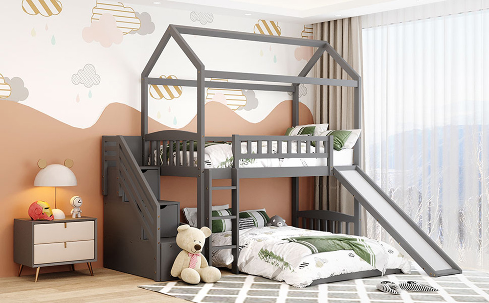 Twin-Over-Twin Size House-shaped Bunk Bed Frame with 2 Storage Drawers, Slide, Ladder, and Wooden Slats Support, for Kids, Teens, Boys, Girls (Frame Only) - Gray