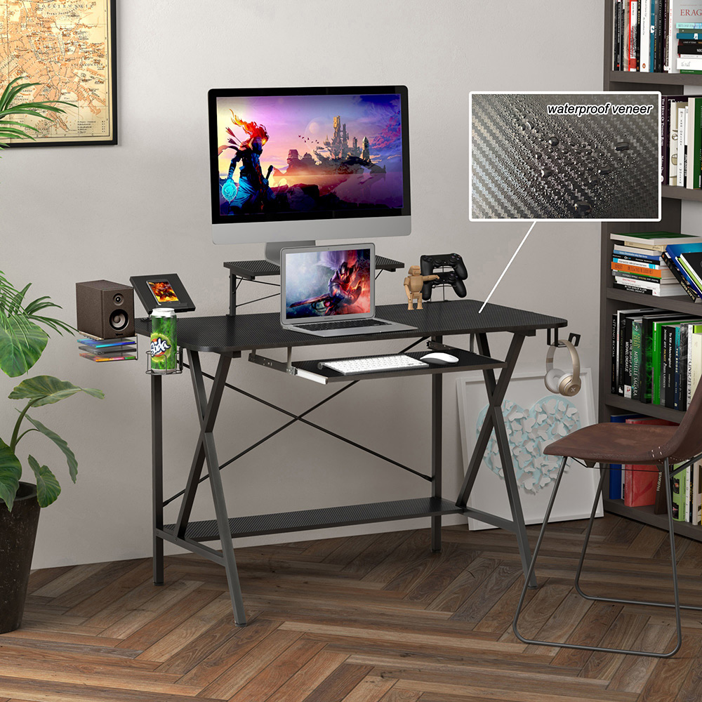 Home Office 47" Computer Desk with PC Stand, Keyboard Tray, MDF Tabletop and Metal Frame, for Game Room, Small Space, Study Room - Black