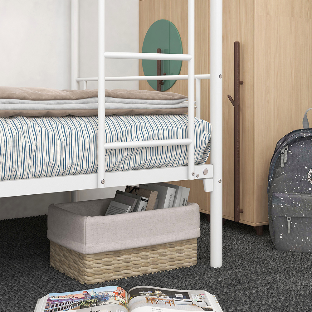 Twin-Over-Twin Size Bunk Bed Frame with Ladder, and Metal Slats Support, No Spring Box Required, for Kids, Teens (Frame Only) - White