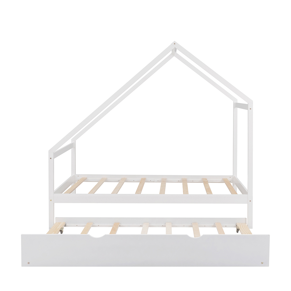 Twin Size House-Shaped Platform Bed Frame with Twin Size Trundle, and Wooden Slats Support, No Box Spring Needed (Only Frame) - White