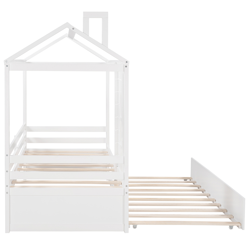 Twin Size House-shaped Platform Bed Frame with Twin Size Trundle and Wooden Slats Support, No Box Spring Needed (Only Frame) - White
