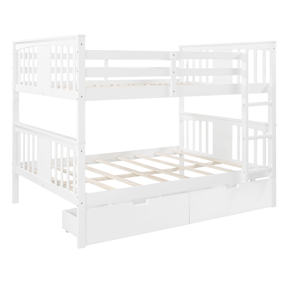 Full-Over-Full Size Bunk Bed Frame with 2 Storage Drawers, Ladder, and Wooden Slats Support, for Kids, Teens, Boys, Girls (Frame Only) - White