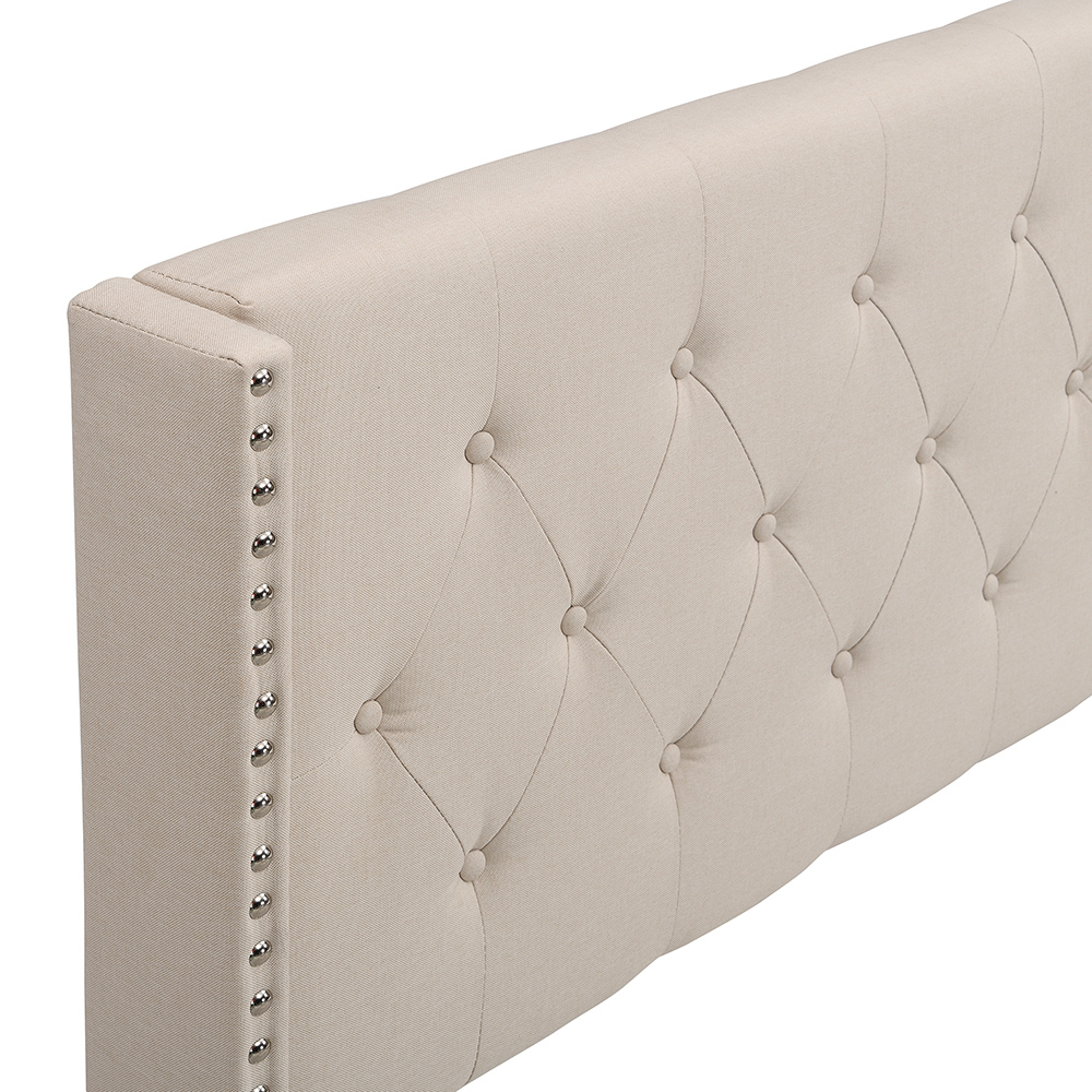 Queen Size Linen Fabric Upholstered Platform Bed Frame with Headboard and Wooden Slats Support, Box Spring Needed (Only Frame) - Beige