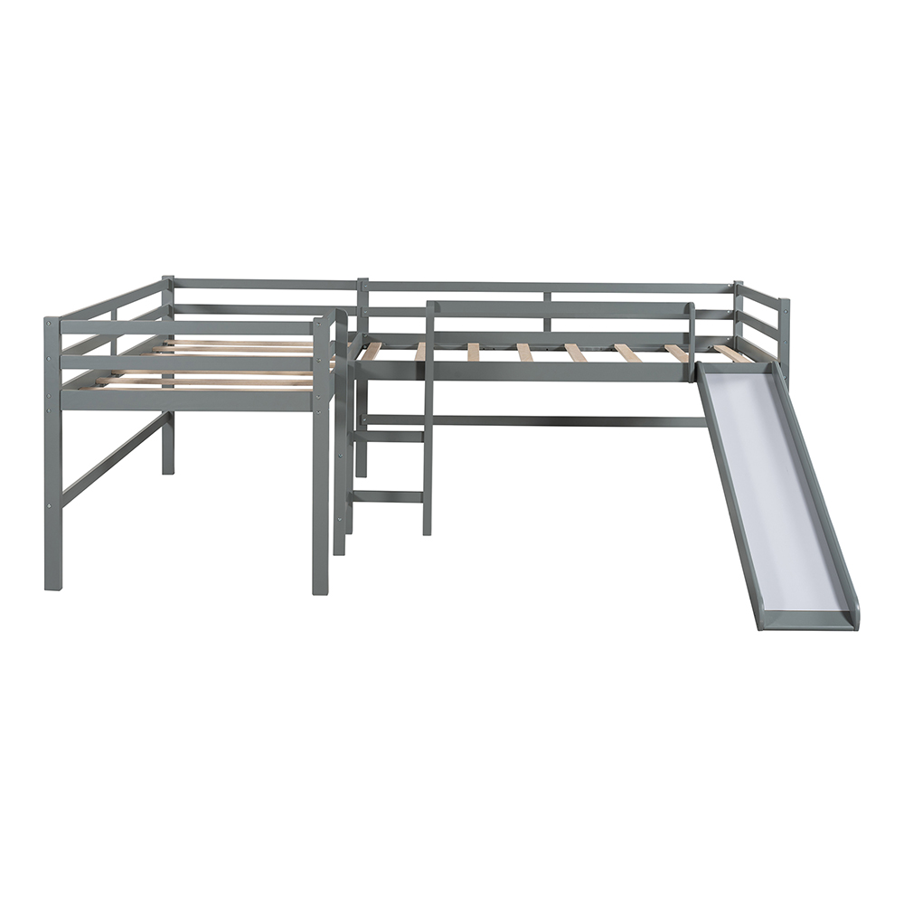 Twin-Size L-Shaped Loft Bed Frame with Built-in Ladders, Slide, and Wooden Slats Support, No Box Spring Required, for Kids, Teens, Boys, Girls (Frame Only) - Gray