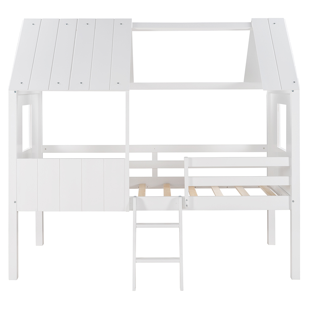 Twin-Size House-Shaped Loft Bed Frame with Two Side Windows and Wooden Slats Support, No Box Spring Required, for Kids, Teens, Boys, Girls (Frame Only) - Normal White + Normal White