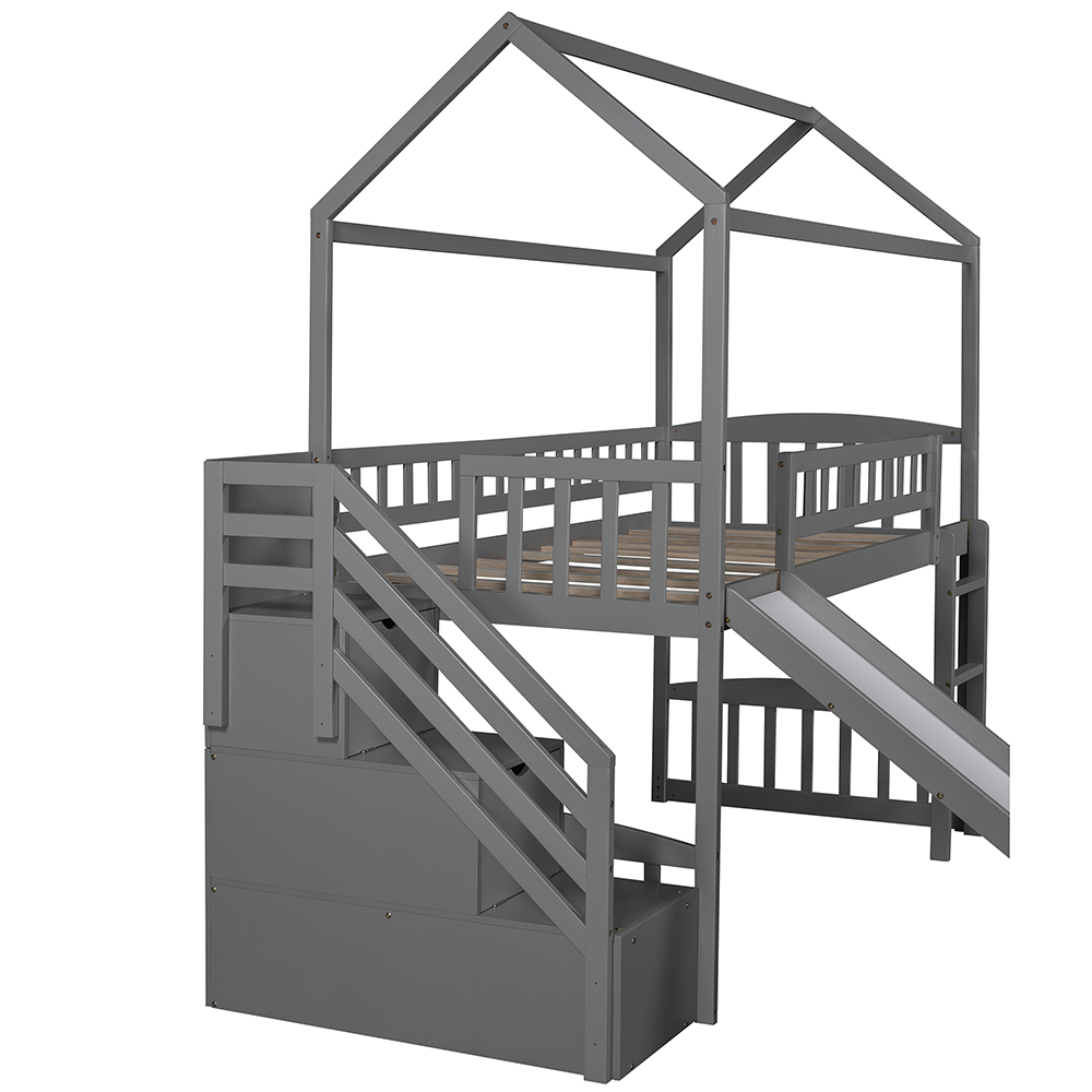 Twin-Size House-shaped Loft Bed Frame with Storage Stairs, Ladder, Slide, and Wooden Slats Support, No Box Spring Required, for Kids, Teens, Boys, Girls (Frame Only) - Gray