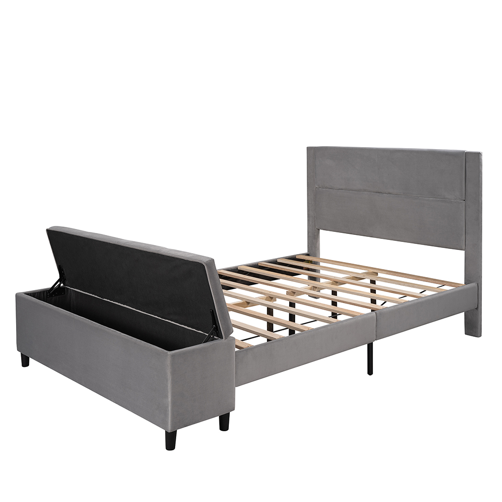 Queen-Size Upholstered Platform Bed Frame with Cushioned Storage Ottoman, Headboard and Wooden Slats Support, No Box Spring Needed (Only Frame) - Gray