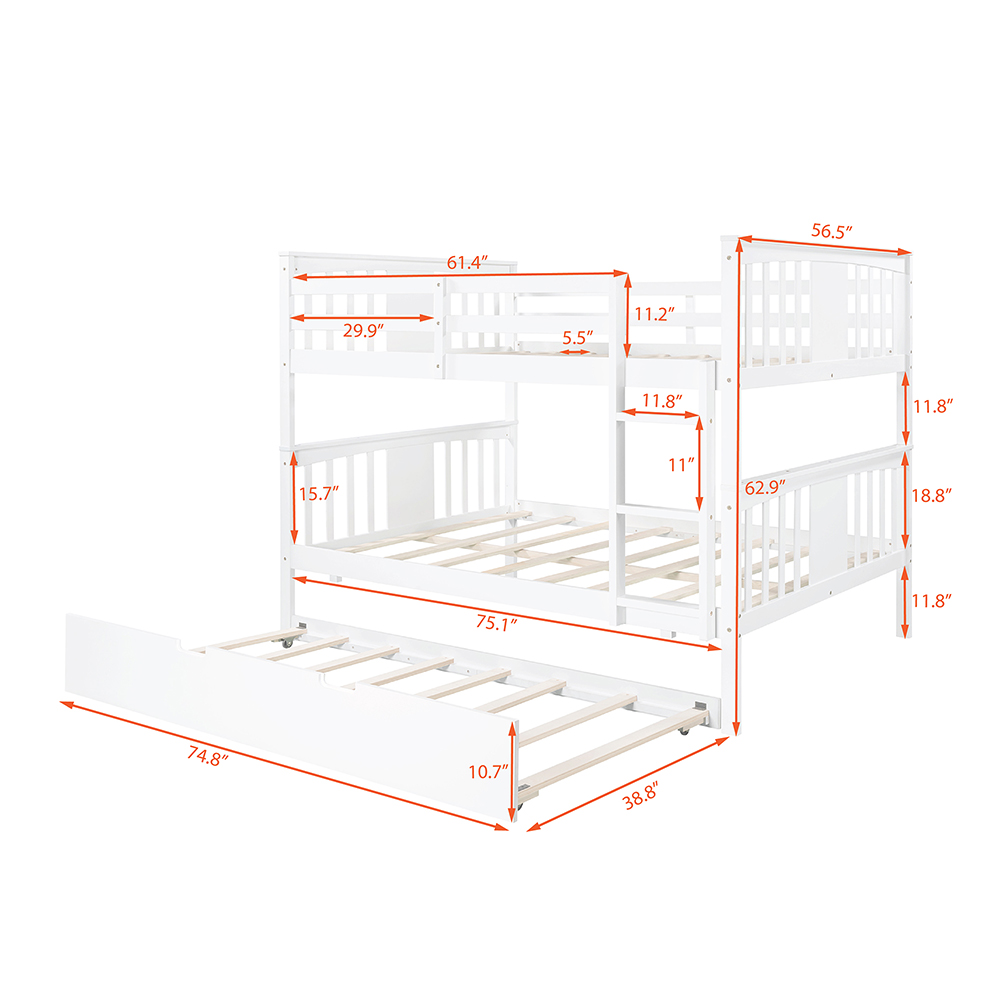 Full-Over-Full Size Bunk Bed Frame with Twin-Size Trundle, Ladder, and Wooden Slats Support, for Kids, Teens, Boys, Girls (Frame Only) - White