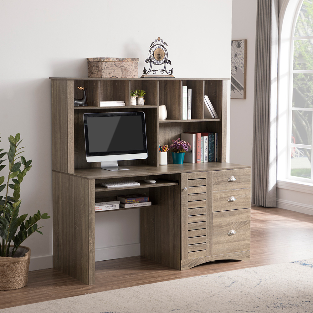 Home Office 59" Computer Desk with Storage Shelves, Drawers, and Wooden Frame, for Game Room, Small Space, Study Room - Brown