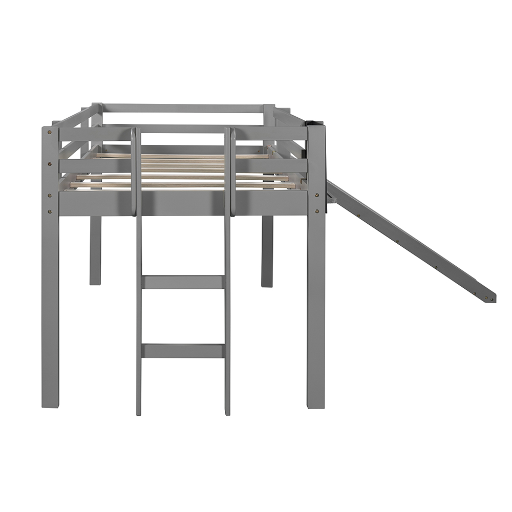 Twin-Size Loft Bed Frame with Slide, Chalkboard, and Wooden Slats Support, No Box Spring Required, for Kids, Teens, Boys, Girls (Frame Only) - Gray