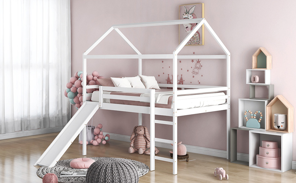 Full-Size Loft Bed Frame with Slide and Wooden Slats Support, No Box Spring Required, for Kids, Teens, Boys, Girls (Frame Only) - White