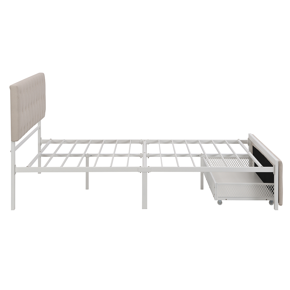 Queen Size Upholstered Platform Bed Frame with Storage Drawer, Headboard, and Metal Slats Support, No Box Spring Needed (Only Frame) - Beige