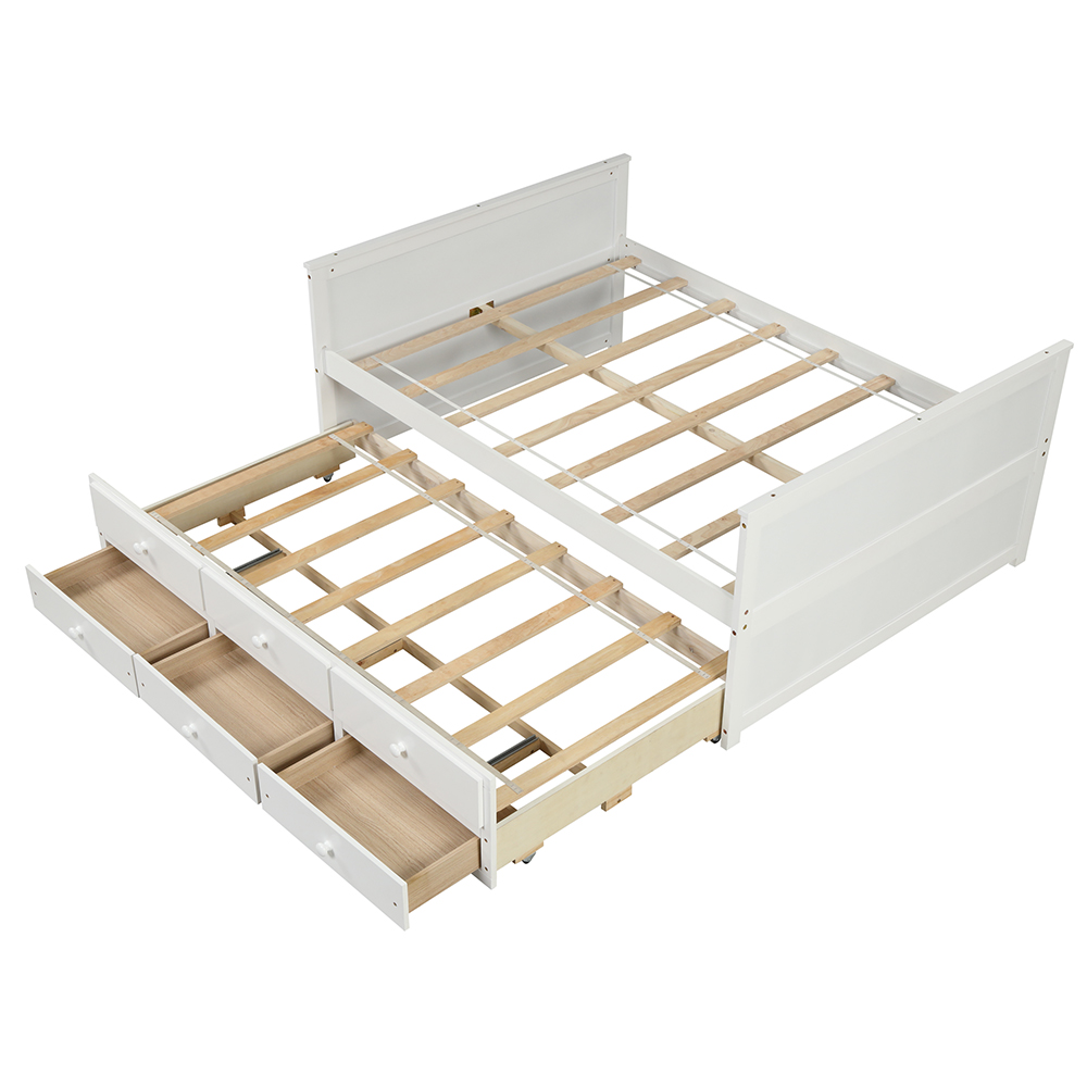 Full Size Platform Bed Frame with Twin Size Trundle, 3 Storage Drawers, and Wooden Slats Support, No Box Spring Needed (Only Frame) - White