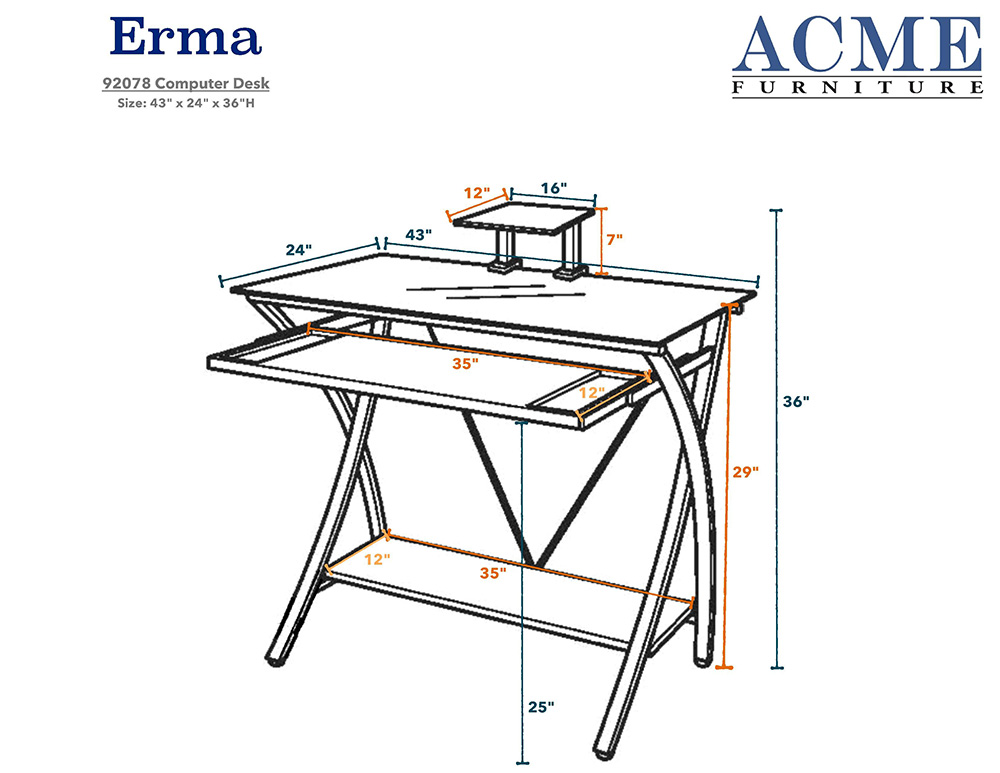 ACME Erma Computer Desk with Tempered Glass Tabletop and Metal Frame, for Game Room, Small Space, Study Room - Black