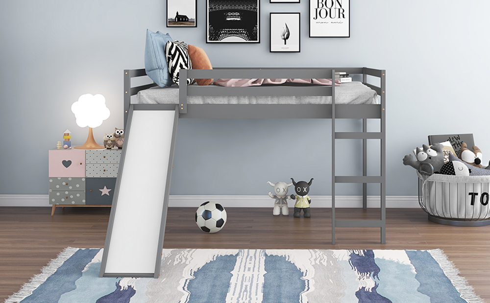 Full-Size Loft Bed Frame with Slide, Ladder and Wooden Slats Support, No Box Spring Required, for Kids, Teens, Boys, Girls (Frame Only) - Gray