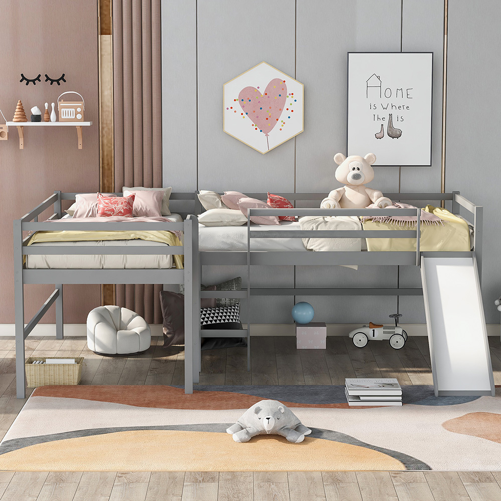 Twin-Size L-Shaped Loft Bed Frame with Built-in Ladders, Slide, and Wooden Slats Support, No Box Spring Required, for Kids, Teens, Boys, Girls (Frame Only) - Gray