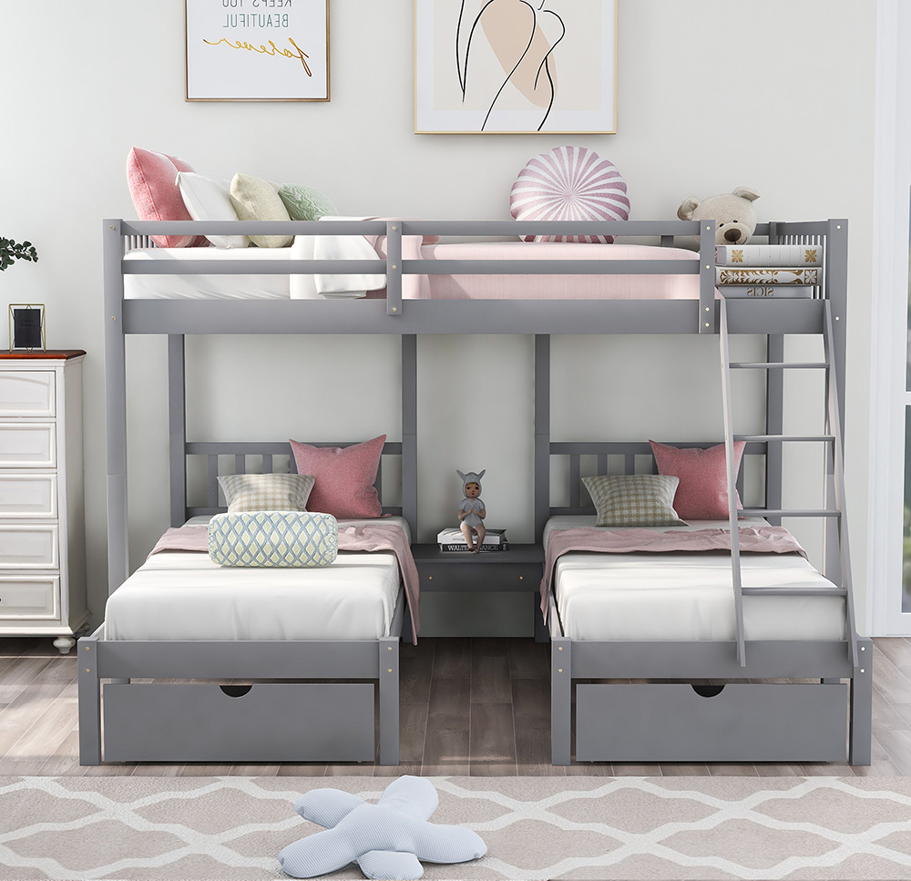 Full-Over-Twin Size Detachable Bunk Bed Frame with 2 Storage Drawers, Ladder, and Wooden Slats Support, for Kids, Teens, Boys, Girls (Frame Only) - Gray