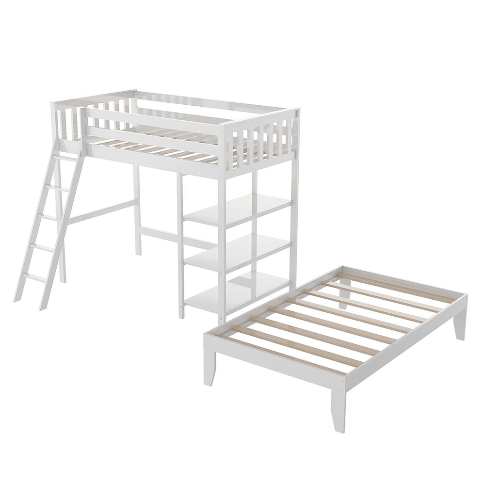 Twin-Over-Twin Size Loft Bed with Separate Platform Bed Frame, for Kids, Teens, Boys, Girls (Frame Only) - White