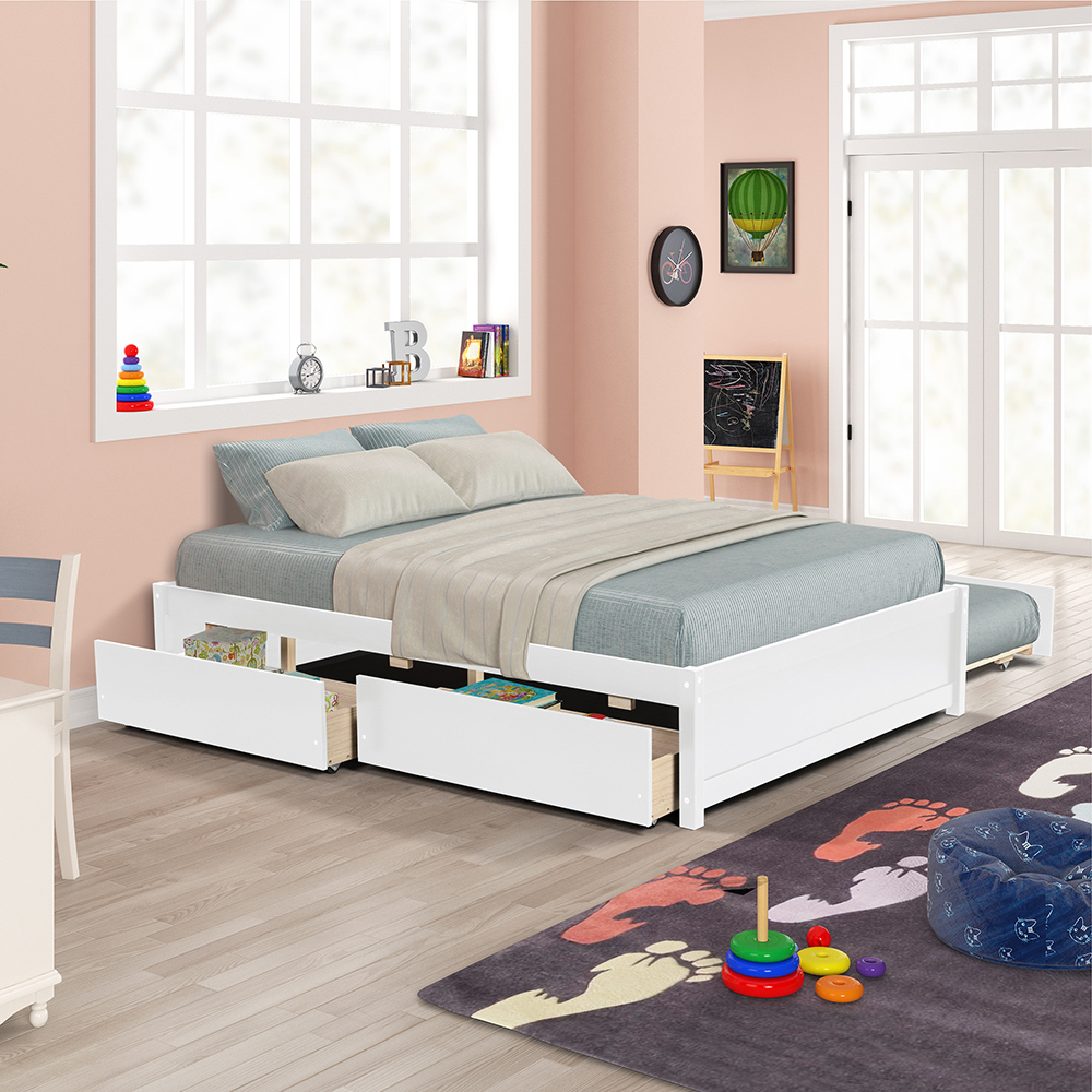 Full Size Platform Bed Frame with Twin Size Trundle, 2 Storage Drawers, and Wooden Slats Support, No Box Spring Needed (Only Frame) - White