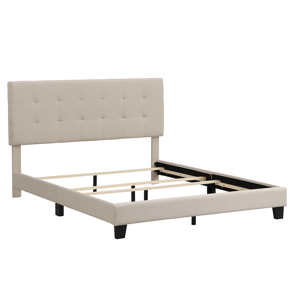 Queen-Size Linen Fabric Upholstered Platform Bed Frame with Tufted Headboard and Wooden Slats Support, Box Spring Needed (Only Frame) - Beige