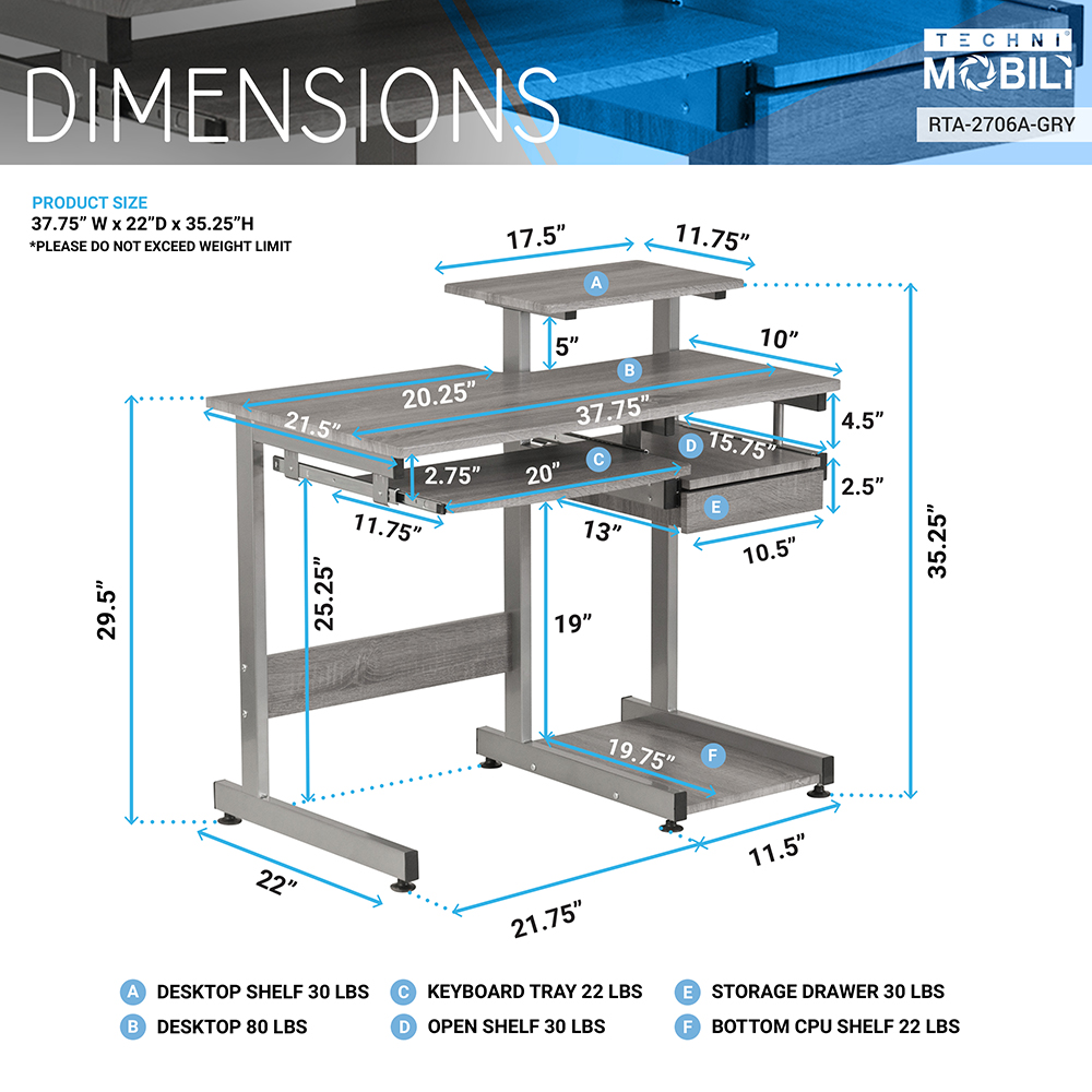 Techni Mobili Home Office Computer Desk with Keyboard Panel, Storage Shelves, MDF Tabletop and Metal Frame, for Game Room, Small Space, Study Room - Gray