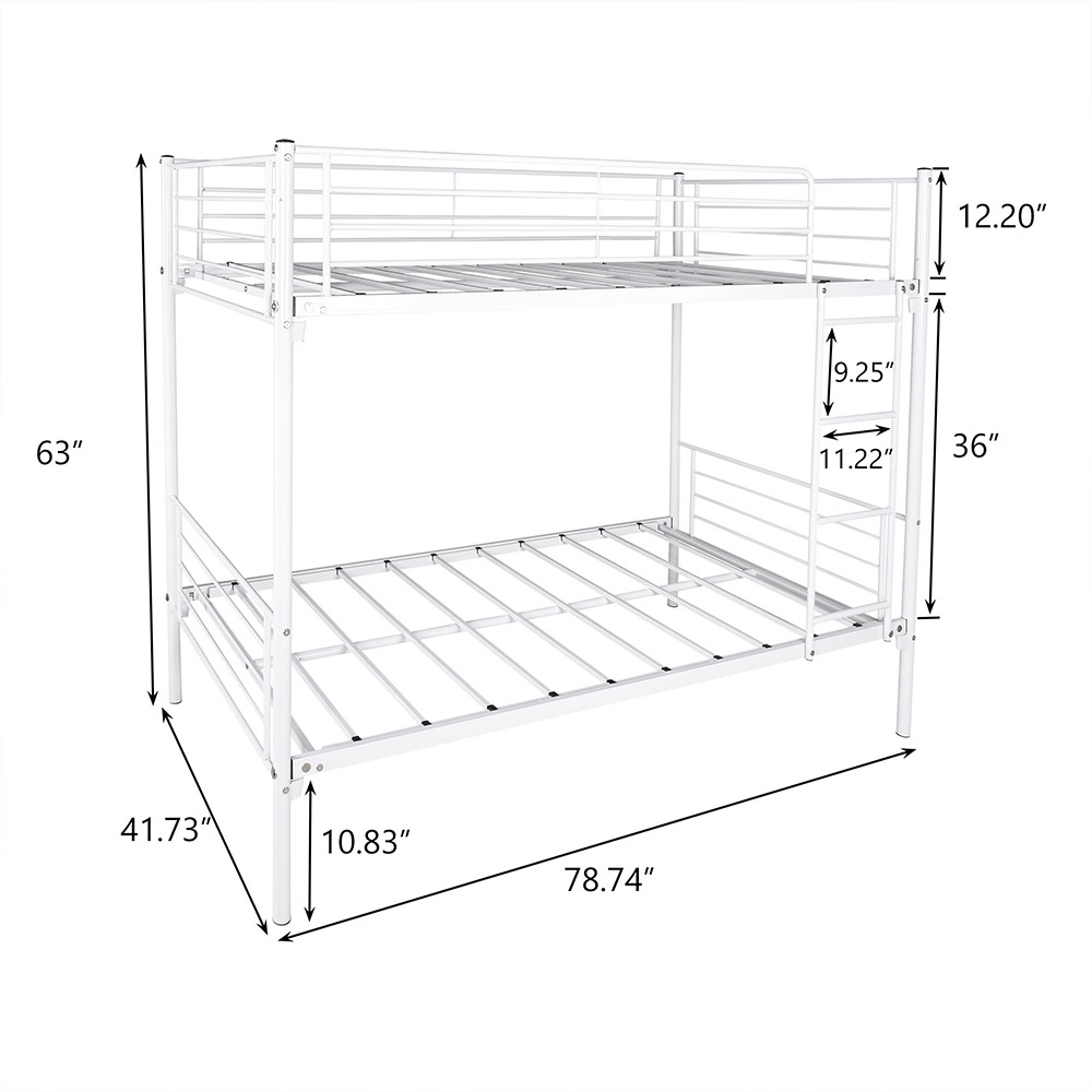 Twin-Over-Twin Size Bunk Bed Frame with Ladder, and Metal Slats Support, No Spring Box Required, for Kids, Teens (Frame Only) - White