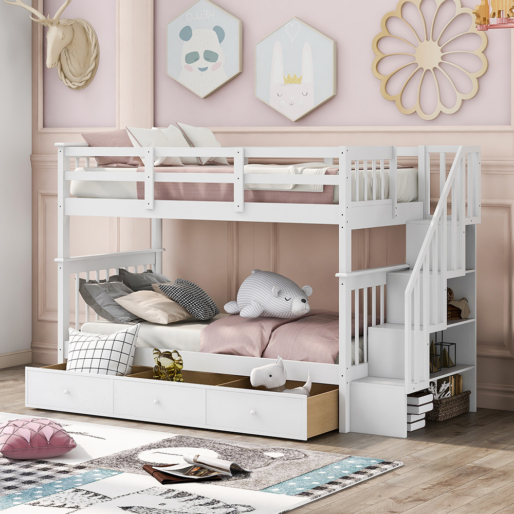 Twin-Over-Twin Size Detachable Bunk Bed Frame with Drawers, Storage Shelves, and Wooden Slats Support, for Kids, Teens, Boys, Girls (Frame Only) - White