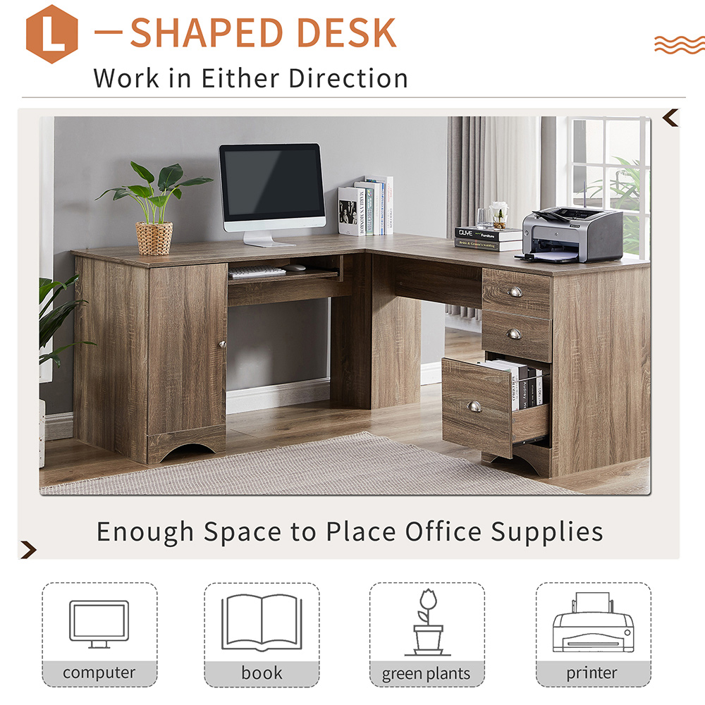 Home Office L-shaped Computer Desk with Storage Cabinet, 3 Drawers, and MDF Frame, for Game Room, Small Space, Study Room - Brown