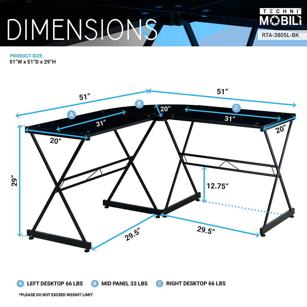 Techni Mobili Home Office L-Shaped Computer Desk with Glass Tabletop and Metal Frame, for Game Room, Small Space, Study Room - Black