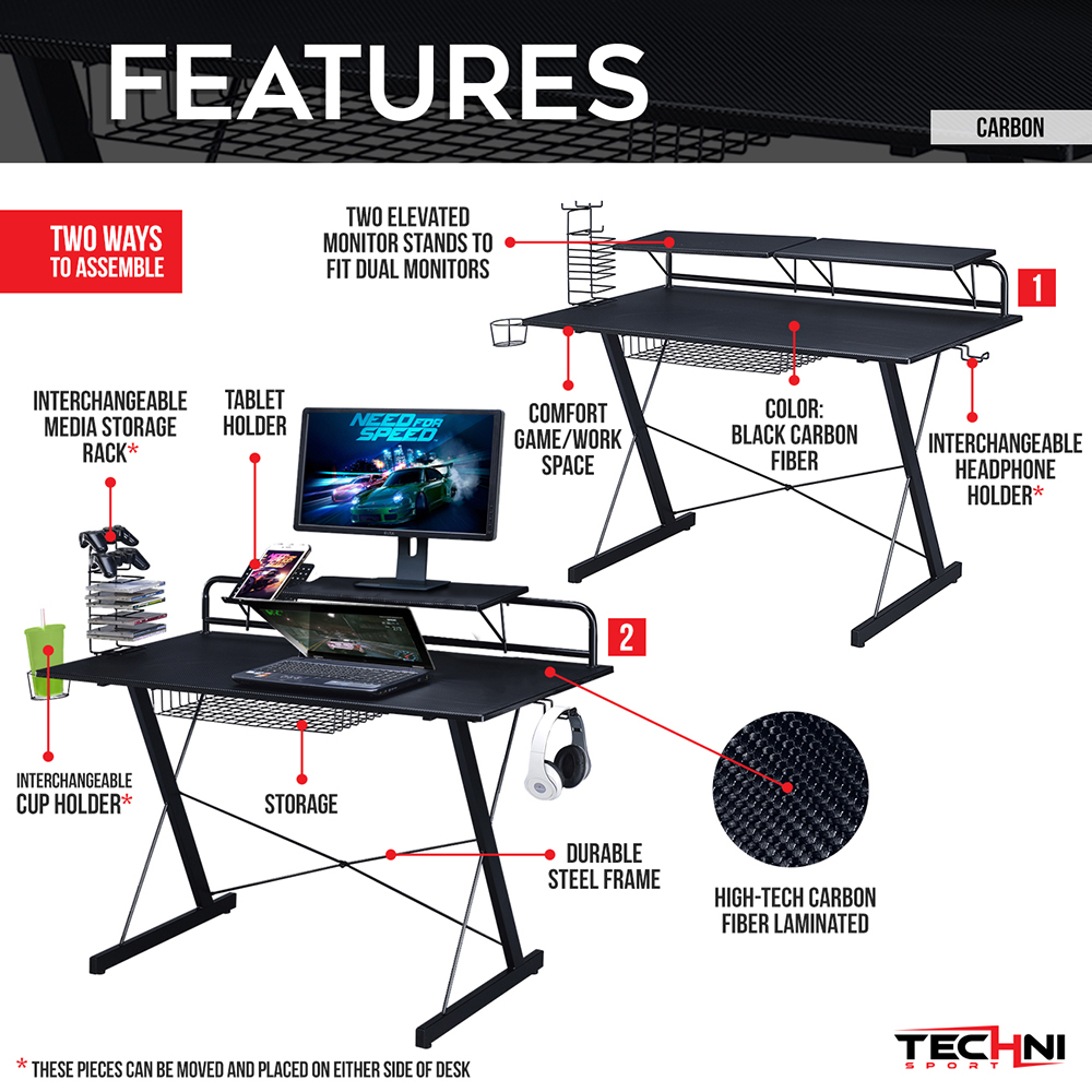 Techni 23.5" Computer Desk with Headphone Holder, Media Storage Rack, MDF Tabletop and Metal Frame, for Game Room, Small Space, Study Room - Black